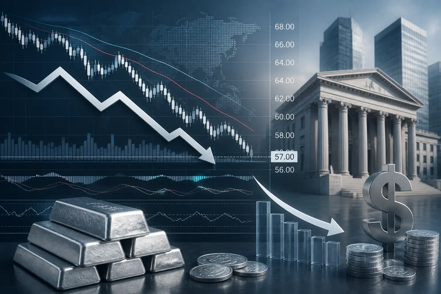 الفضة تهبط قرب أدنى مستوى في 7 أشهر عند 57 دولار مع ترقب بيانات التضخم الأمريكية