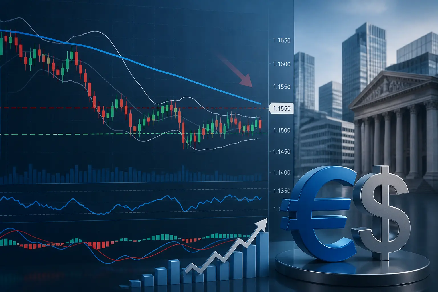 زوج يورو/دولار EUR/USD يتحرك جانبياً دون 1.1550 مع بقاء الضغط الهبوطي تحت المتوسط المتحرك 100 يوم