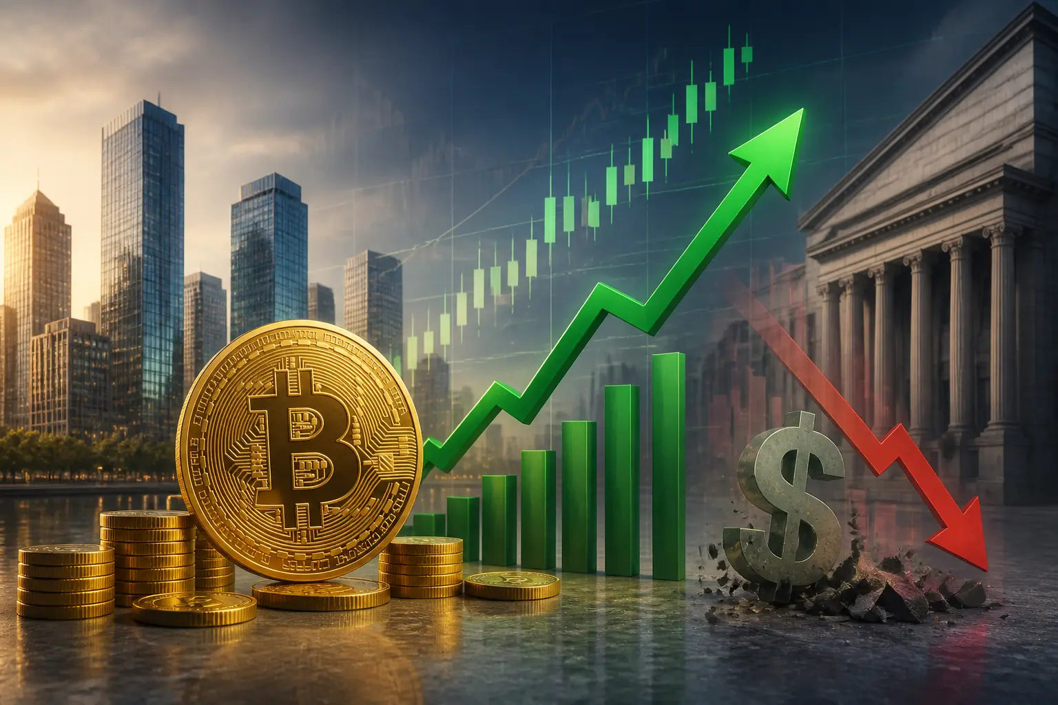 بتكوين ترتفع بقوة مدعومة بتراجع الدولار وتصفية المراكز القصيرة