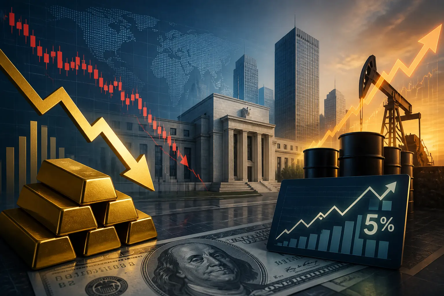 الذهب يتراجع مع توقعات رفع الفائدة الفيدرالية وارتفاع أسعار النفط يدفع عوائد السندات إلى 5%