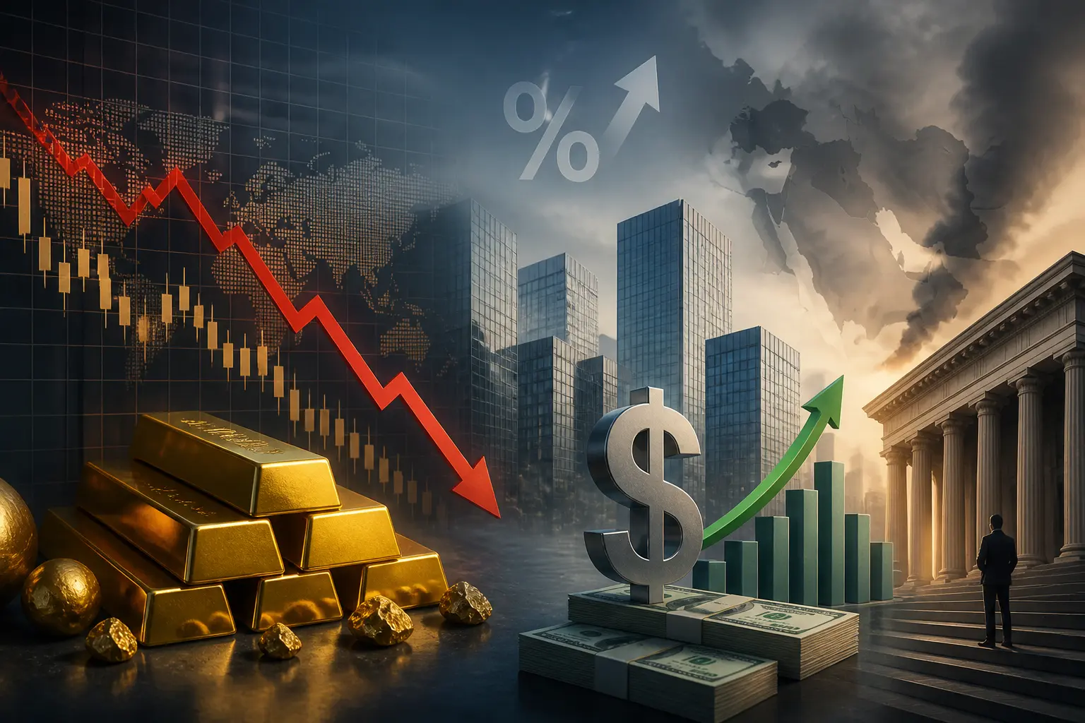 الذهب يتراجع دون 4350 دولار مع صعود الدولار وسط مخاوف رفع الفائدة وأزمة الشرق الأوسط