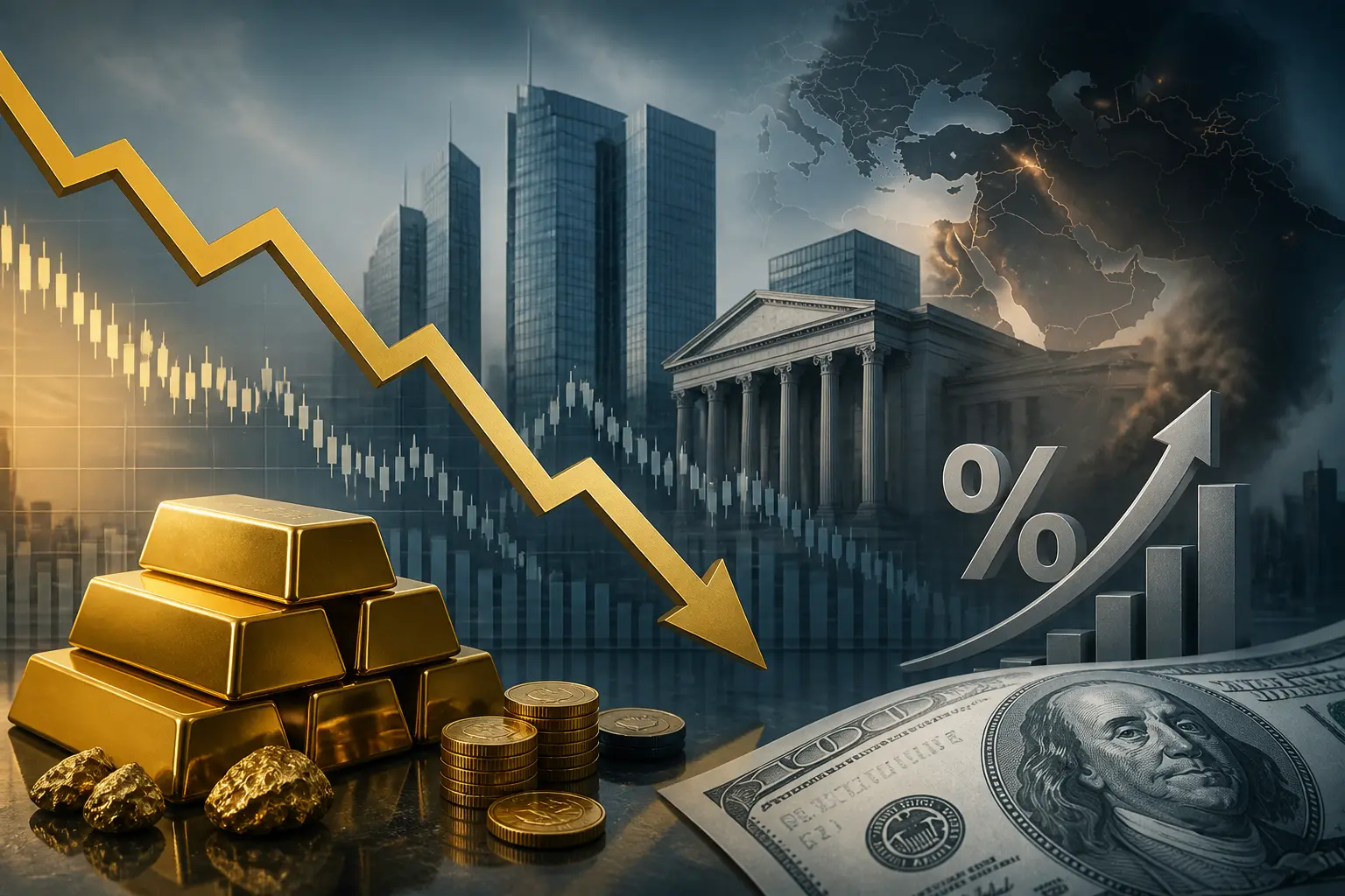 الذهب يتراجع وسط توقعات برفع الفائدة الأميركية واستمرار توترات الشرق الأوسط