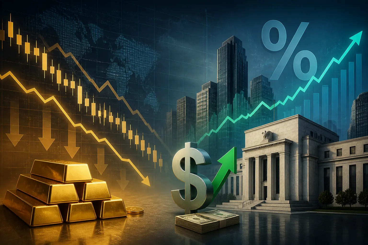 الذهب يواصل التراجع مع صعود الدولار بعد رفع الفيدرالي أسعار الفائدة