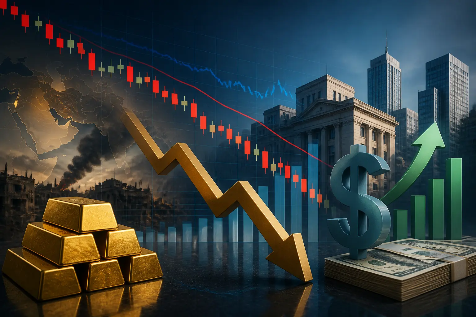 الذهب يتراجع مع دعم الدولار من توقعات رفع الفائدة والتوترات الجيوسياسية