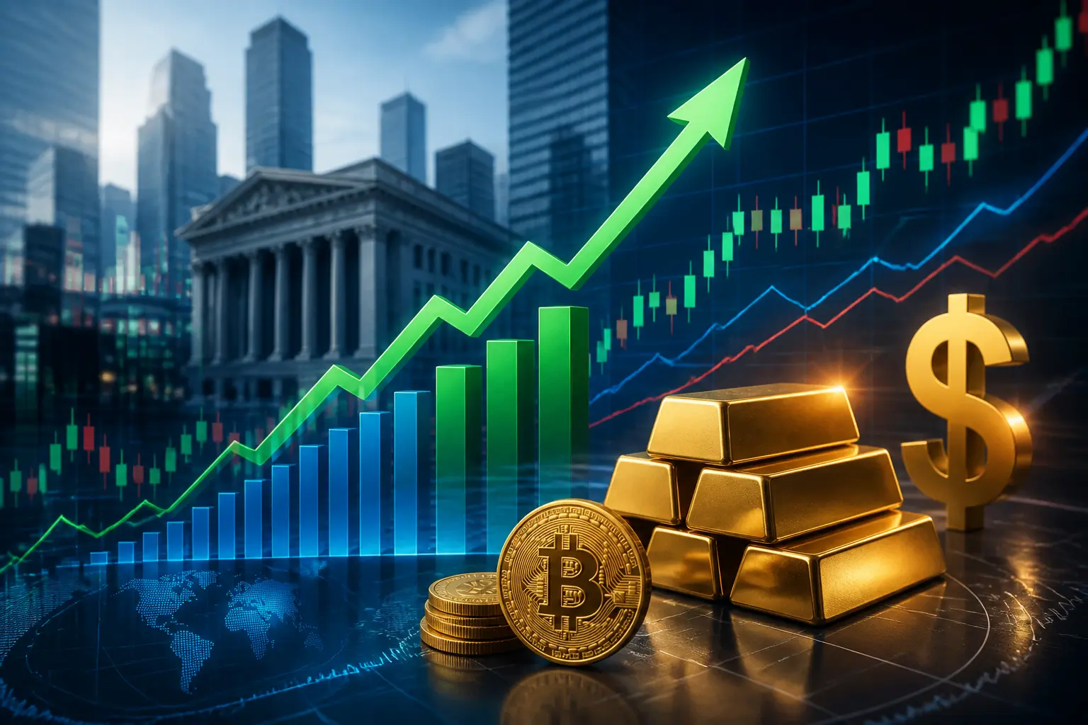 تراجع نمو التوظيف الأمريكي يدفع داو جونز وناسداك والذهب والبيتكوين للارتفاع